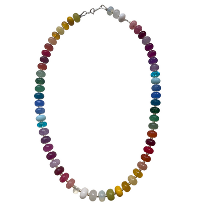 A beaded multicolour necklace made of smooth, polished oval beads in a rainbow sequence, displayed on a clean white background.